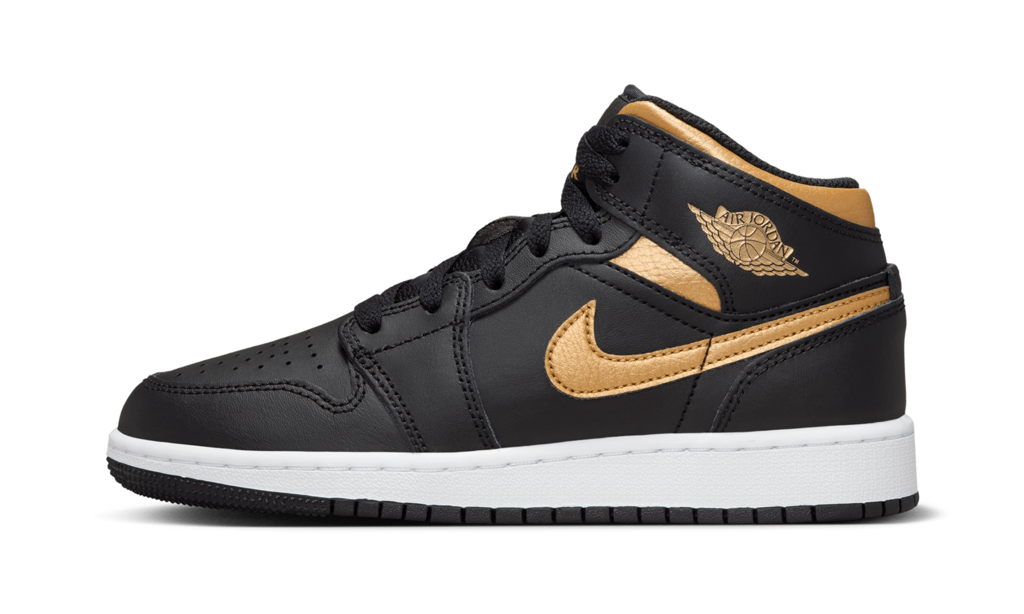 Jordan 1 Mid Black Metallic Gold Swoosh (GS)